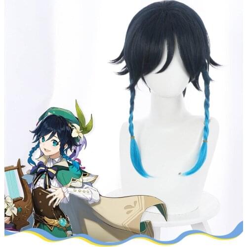 Genshin Impact Venti Wig Gradient Short Braided Cosplay Heat Resistant Synthetic Hair Halloween Party Free Wig Cap Props