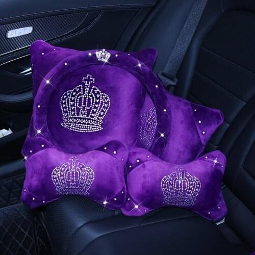 Plush Purple Crown Car Seat Belt Cover Pad Neck Pillow Waist Support Rhinestone Steering Wheel Cover Auto Interior Accessories