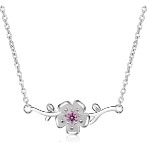 Simple personality temperament fashion trend literary crystal pink cherry branch short silver plated necklaces SE029