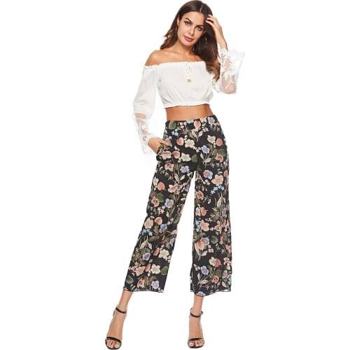 Chiffon Cropped Pant Women Office Daily Beach Party Plus Size High Waist Floral Print Wide Leg Loose Elegant Trousers Femme 5XL