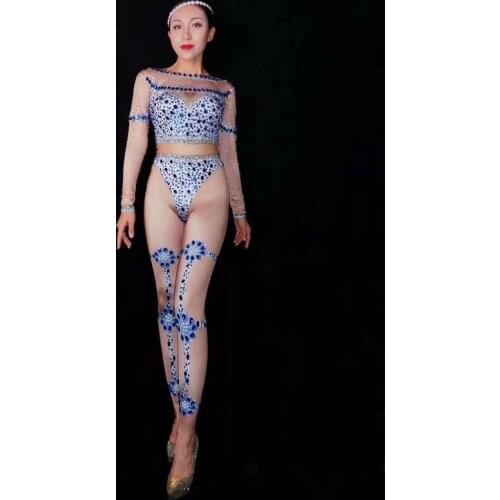 Blue jumpsuit Rhinestones Stretch Bodysuit Nightclub Female Dance Costume Singer Show Leotard Women Prom Party Sexy Nude Outfit