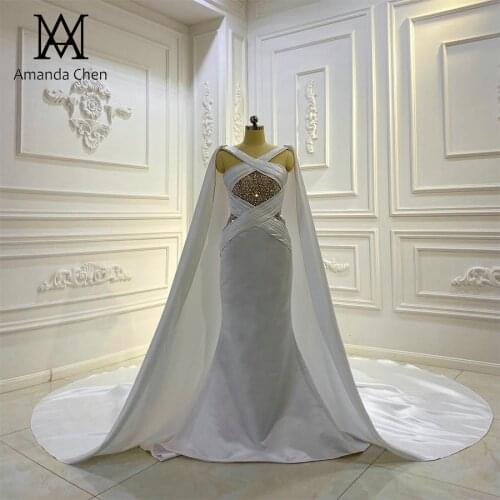 Hochzeitskleid Beading Pleat Satin Mermaid Wedding Dress with Cape