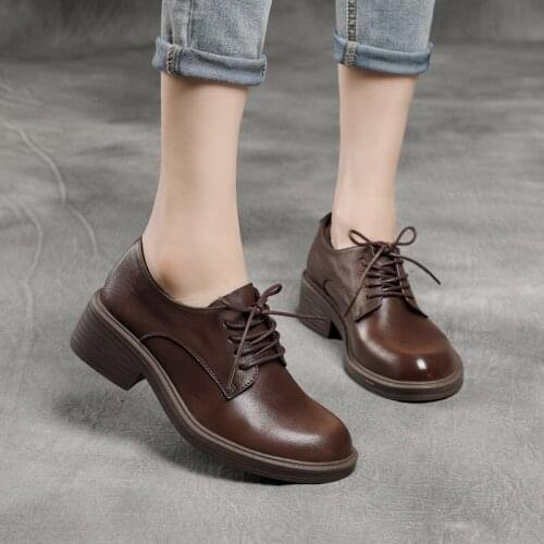 21 Spring New First Layer Cowhide British Style Small Single Shoes Round Toe Soft Leather Soft Bottom Leather Womens Shoes