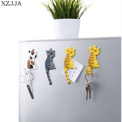 XZJJA 2pcs Creative Cartoon Cat Magnetic Key Hook Kitchen Microwave Oven Fridge Magnet Decor Storage Hang Hook PVC Tail Bendable