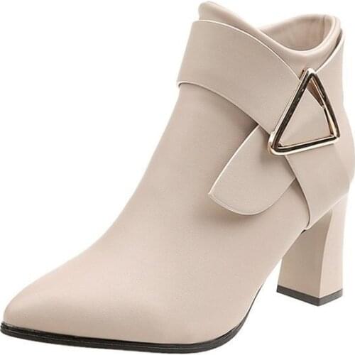 Fad Autumn Solid Leather Martin Boots Winter Boots for Women Shoes New Zipper Pointed Toe Square High Heels Vogue Warm Boots