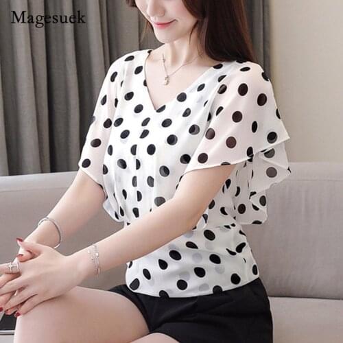 Ladies Tops White Shirt Blouse Korean Fashion Clothing 2021 Short Ruffles Polka Dot V-Neck Shirts Chiffon Blouse Blusas 3097 50
