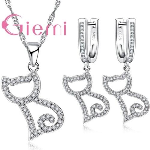 Romantic Cute Cat Sex Shape Animal Pattern Necklace Earrings for Womens Birthday Gift Jewelry Set 925 Sterling Silver