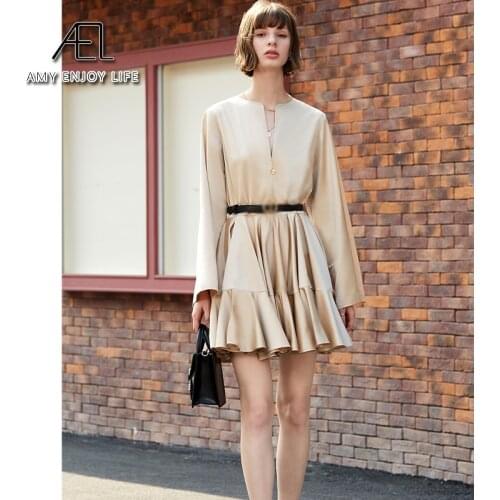 AEL Apricot pleated mini dress women satin V-neck Ruffle tight waist dress 2020 autumn new