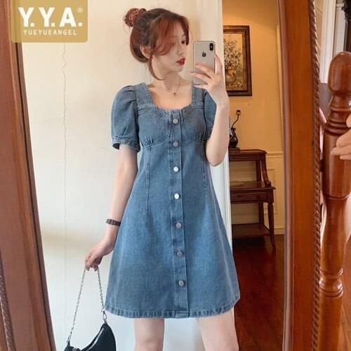 Plus Size 4XL Women Single Breasted Short Puff Sleeve Summer Denim Dress Casual Square Collar Vintage Slim Fit Mini Jeans Dress