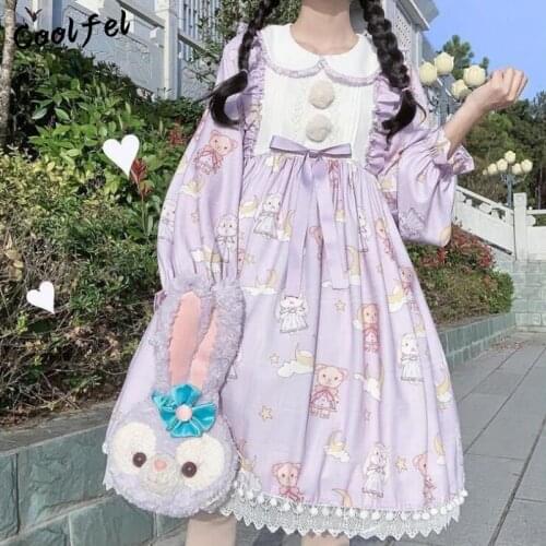 COOLFEL Japanese Lolita Style Summer Women Peter Pan Collar Cartoon Beer Pattern Bow Dress Cute Cosplay Costume