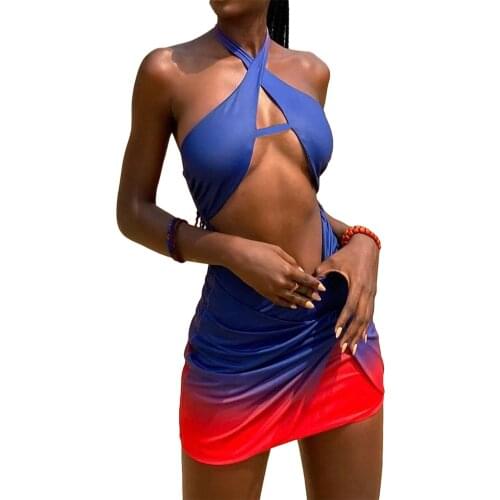 Womens Gradient Color Slimming Dress Hollowed Waist Backless Cross Lace-up Halter Skirt for Summer