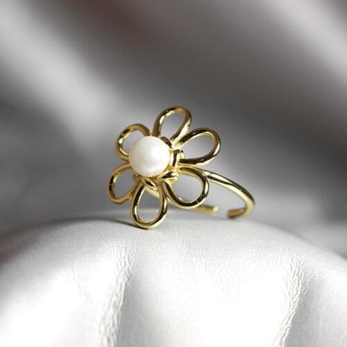 Elegant Quality 925 Adjustable Rings Fashion Sun Flower Shape Pearl Ring 925 Sterling Silver Ring for Women 925 Jewelry