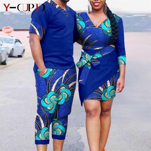 African Clothes for Couples Bazin Riche Women Ankara Print Dresses with Bowtie Matching Men Clothes Top and Short Sets Y21C019