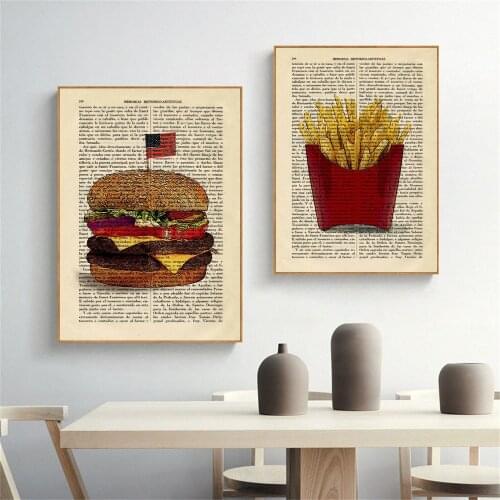American Burger French Fries Art Print Vintage Kitchen Posters Dorm Room Prints Gift Wall Decor Poster Dictionary Restaurant