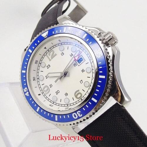 Sport Style BLIGER White Sterile Dial 44mm Self Winding Watch Date Function Rotating Bezel Wristwatch MIYOTA Movement