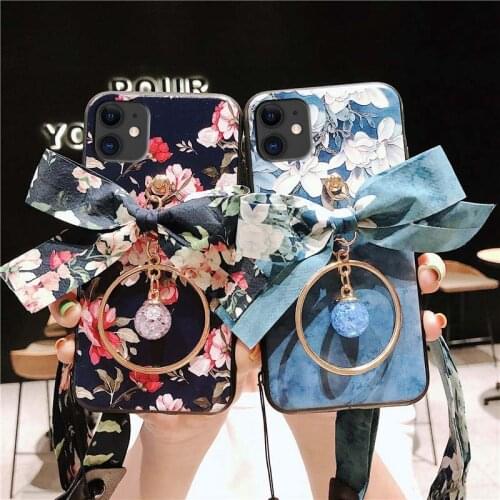 Cute 3D Bow Flower Lanyard Soft TPU Case for iphone X XR XS MAX 11 Pro Max for Apple 6 6s 7 8 Plus With Long Strap Phone Cover