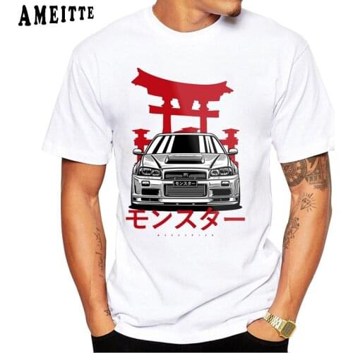 Vintage Hip Hop Japan Monster Skyline R34 GTR Car Design Print T-Shirt Fashion Men Short Sleeve Punk Tops Boy Casual White Tees