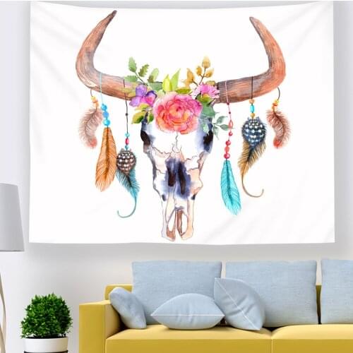 Antler Tapestry Deer Animal Skull Flowers And Feathers Vintage Retro Style Watercolor Wall Hanging For Bedroom Living Room Dorm