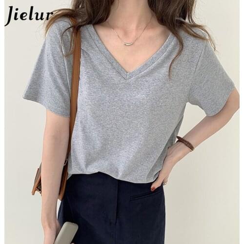 Jielur V-neck T-shirt Women Summer Loose Gray Blue White Black Womens Top Short-sleeved Thin 2021 New Bottoming T-shirts S-XL