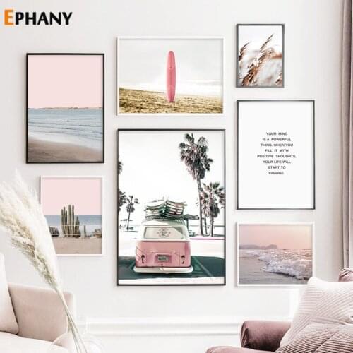 Coastal Sunset Nature Picture Pink Bus Seascape Scandinavian Poster Nordic Decoration Print Scenery Wall Art Canvas Painting