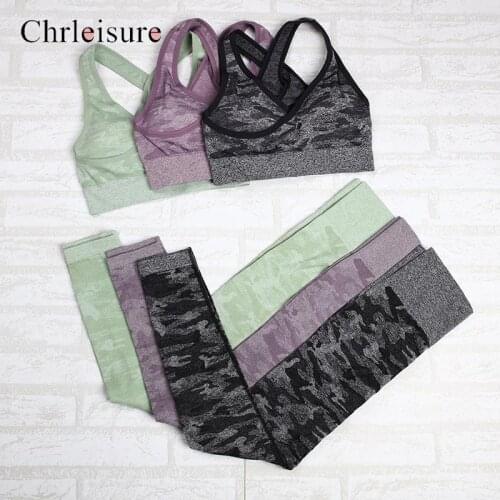 CHRLEISURE Camouflage Two Piece Set Women Seamless Fitness Tracksuit Women Push Up Bra High Waist Leggings Sexy 2 Piece Set