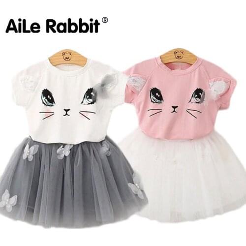 2019 hot girls clothes suit short-sleeved T-shirt skirt 2 piece suit cartoon cat avatar Cute ears For the girls suit princess