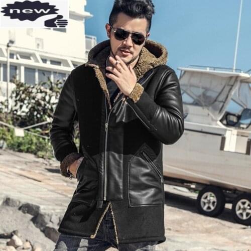 Winter Mens Thick Fur Lining Mid Long Faux Jacket Patchwork Hoody Overcoat Bikers Slim Fit Casual Warm Pu Leather Coat