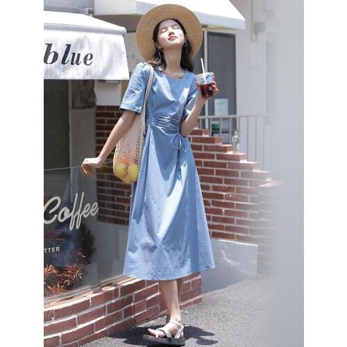 Summer New Arrival High-End Customization Simple Women O-Neck Collar Blue Dress Office Lady Elegant Temperament Quality