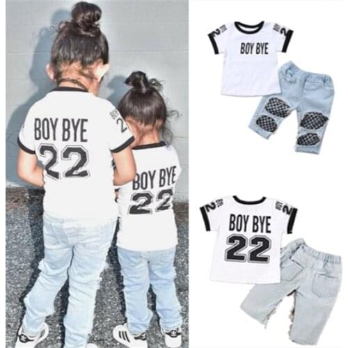 2019 Girls Fashion Clothing Set Newborn Baby Girls Letter T-shirt Tops Mesh Hole Denim Hot Pants Outfits Toddler Girls Clothes