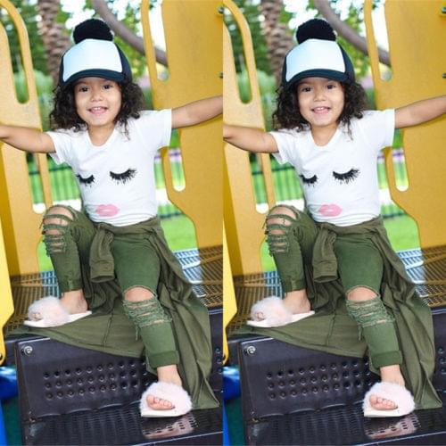 Fashion Casual Newborn Baby Girl Cotton Eyelash Print Short Sleeve Pullover White Shirt Tops Green Pants 2PCS Outfit Summer