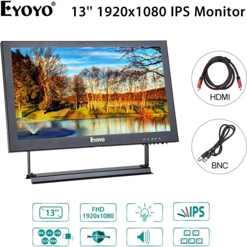 Eyoyo 13inch HDMI IPS Monitor 1920x1080 IPS-LCD Screen Display with BNC/VGA/AV Output,For CCTV DVD PC Laptop DVR CCD Camera