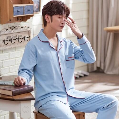 Spring And Autumn Full Sleeve Pure Cotton Mens Pajamas Youth Leisure Household Suit