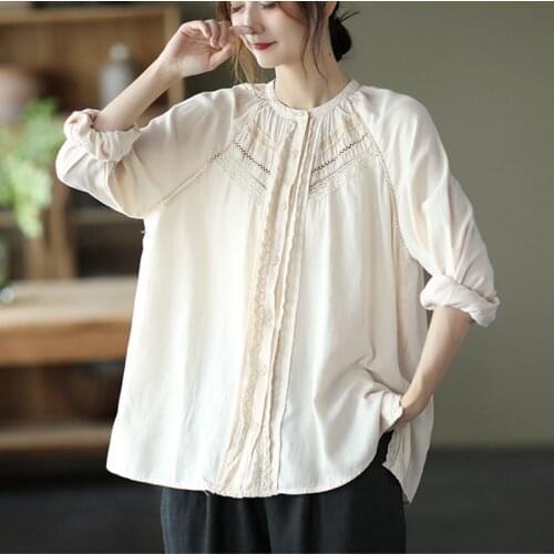 NINI WONDERLAND 2021 Autumn White Hollow Out Lace Cotton Shirt Women Long Sleeve Vintage Tops Spring Casual Blouse Mori Girls
