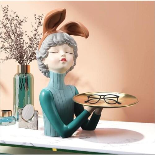 Nordic Rabbit Ear Resin Girl Metal Tray Ornaments Coffee Table Statue Decoration Home Livingroom Storage Box Figurines Crafts