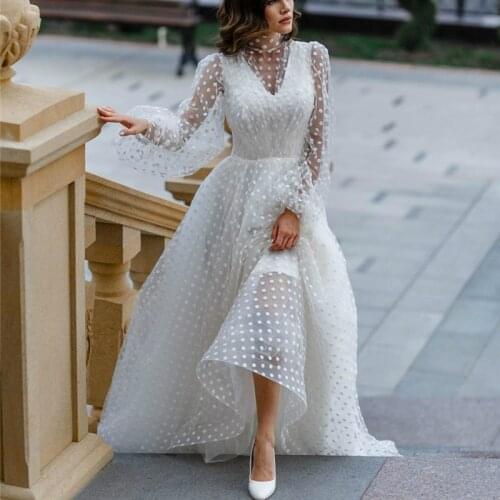 New Women Spring Floor-length Dress Dot Solid ColorO-neck Puff Sleeve Female Fashion Mesh Casual Elegant White A-Line Maxi Dress