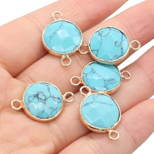Natural Stone Pendant Gold-plated Faceted Blue Turquoise Double Hook Connector for Jewelry Making DIY Necklace Bracelet