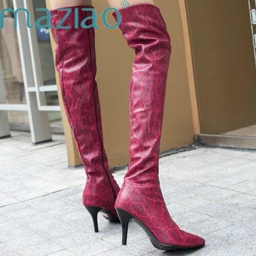 Sexy Snakeskin Fashion Autumn Winter Pointed Toe Zip Over The Knee Boots Thin High Heels Prom Thigh High Boots Women MAZIAO