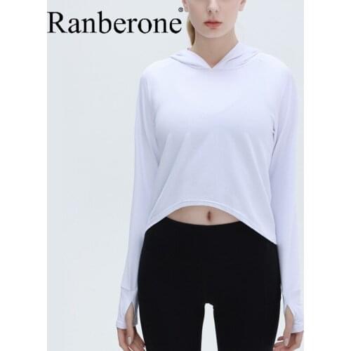 Ranberone Long Sleeve Yoga Shirts Quick Drying Breathable Ffitness Sportswear Womens Hooded Solid Color Fitness Gym Yoga Tops