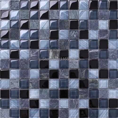 Gray mixed blue glass & stone mosaic tiles 1x1" squared mosaic mesh backing bathroom shower tiles wall mosaic kitchen backsplash