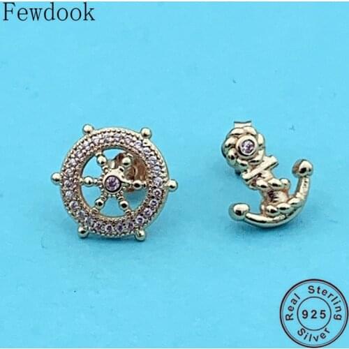 100% 925 Silver Rose Gold Circle Sea Navigation Steering Wheel Stud Earring For Girl Kid Baby Brinco Pendientes 2020 Oorbellen