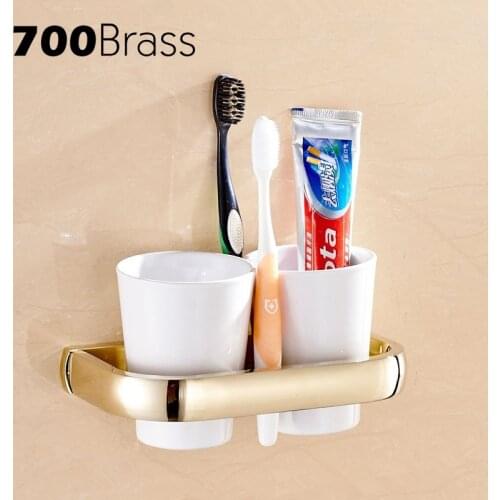 Modern Wall Mounted Brass Double Cup Holders Luxury Gold Tumbler Holder Bathroom Toothbrush Holder Shelf