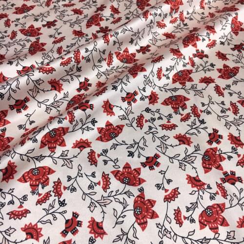 19mm heavy silk stretch satin fabric 2021 new product light foundation red small floral print mulberry silk dress fabric