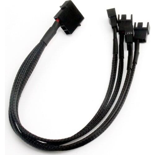 1 to 4 way Y splitter sleeve type 4 pin Molex male to 2x 3 pin / 4 pin PWM male connector fan extension adapter cable 30 cm blac
