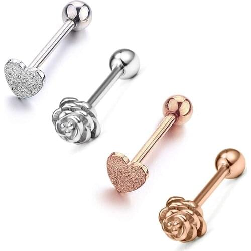 14G Stainless Steel Tongue Rings Barbells Heart Shape Rose Shape Tongue Piercing Jewelry