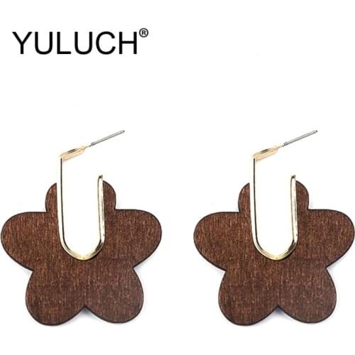 YULUCH Pop Women Brown Red Wood Flower Pattern Stud Earrings Fashion Jewelry Ethnic African Gold Metal Big Stud Earrings Party