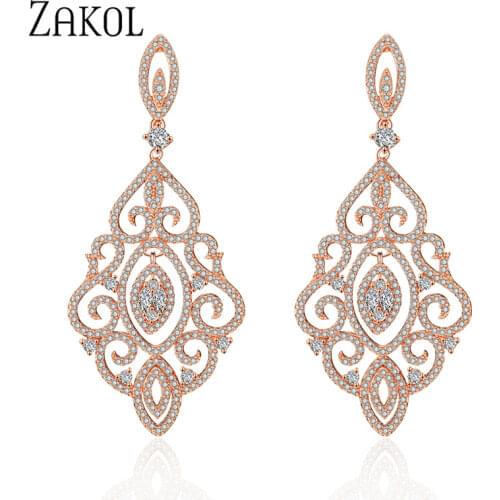 ZAKOL Luxury Leaf Full Micro Paved Cubic Zirconia Big Drop Earrings Fashion Wedding Party Jewelry for Women FSEP2186
