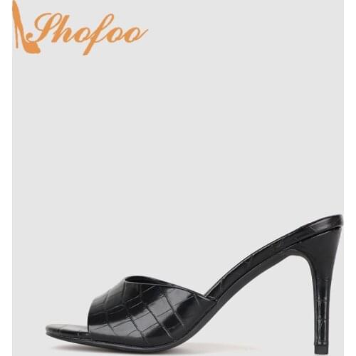 Black Croc Embossing Stilettos Women Mules Sandals High Thin Heels Open Toe Slipper Slip On Large Size 14 16 Ladies Shoes Shofoo