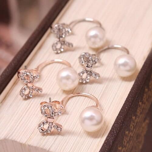 Womens Korean Fashion Alloy Bow Zircon Sweet Pearl Crystal Earrings For Women 2017 New Hot Sale Fashion Jewelry