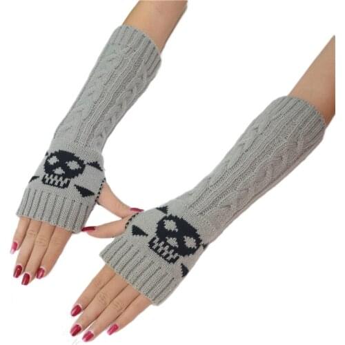 Women Winter Wrist Arm Warmer Skull Knitted Long Fingerless Gloves Mitten Halloween Gloves Womens Knitted Sleeve