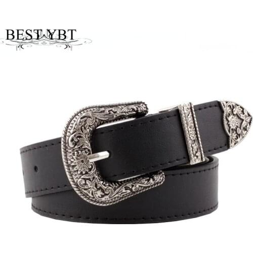 Best YBT Women Black Leather Western Cowgirl Waist Belt Metal Buckle Waistband New Hot Belts For Women Luxury Designer Brand